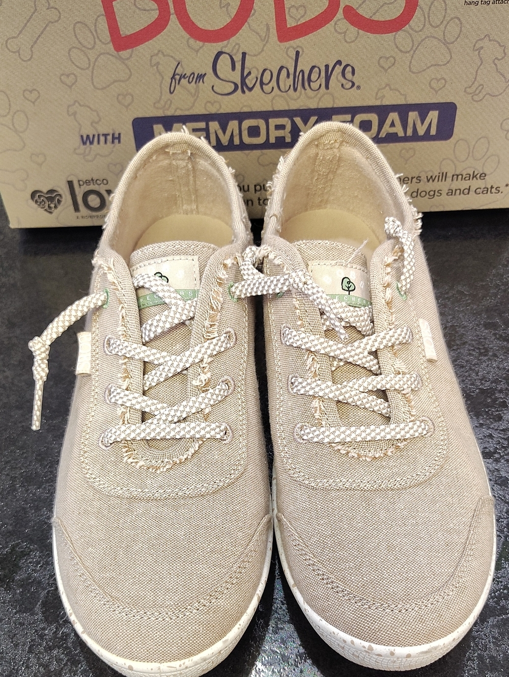 Skechers Neutral Tan Canvas Lace-Up Sneakers with Patterned Laces